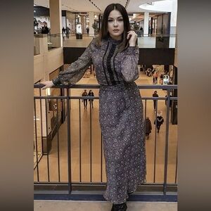 ZARA WOMAN BLACK HIGH COLLAR PRINT DRESS W/BELT